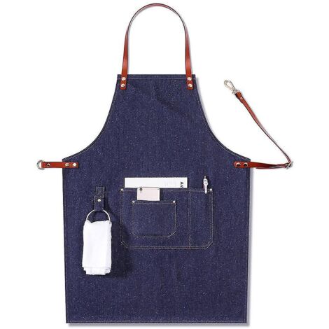 Tablier de chef professionnel en denim bleu pour homme, idéal pour le barbecue. Résistant à l'eau, il est doté de poches à outils, de passants pour torchon et d'une boucle à ouverture rapide. (1/5)
