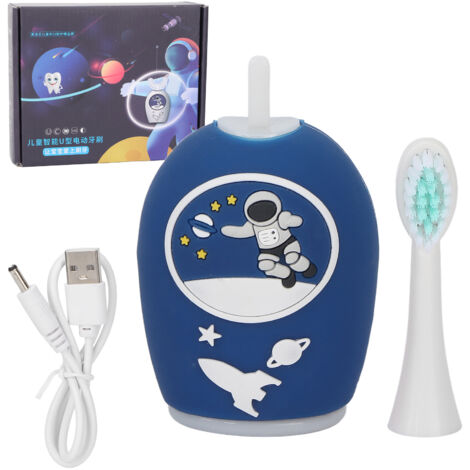 Brosse à dents électrique automatique en silicone souple pour enfants, forme en U, 360° de brossage, étanche IPX7, bleue (1/5)