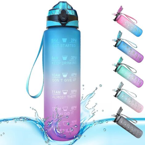 Gourde de sport 1 litre avec graduations et paille intégrée. Ouverture facile. Idéale pour le fitness et les activités de plein air. Style 2. (1/5)