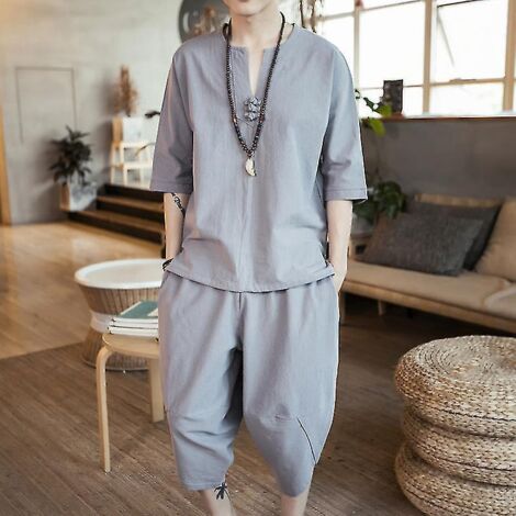 Costume d'été léger en lin pour homme, coupe ample, style chinois, grande taille, en coton et lin, 2 pièces / Costume à manches courtes et pantalon, ensemble 2 pièces Sci886-XL-gris clair (1/5)