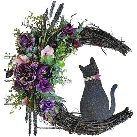 Couronne de chat lunaire pour Halloween, décorations de porte, brindilles, chatons, fleurs artificielles, couronne en forme de chat lunaire - A3 (1/5)