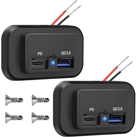 Lot de 2 prises USB 12 V, chargeur USB double Quick Charge 3.0 12 V, compatible PD Type-C (USB-C), adaptateur secteur étanche 12 V/24 V pour voiture.