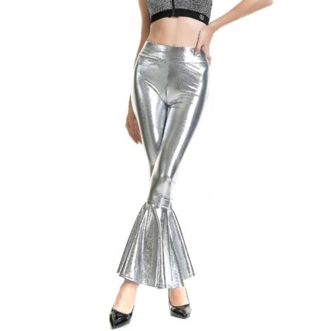 Pantalon évasé femme, pantalon sirène à jambes larges, pantalon hippie métallisé Xinmu-M-Argent (1/3)
