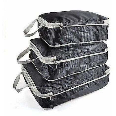 Lot de 3 cubes de rangement compressibles pour voyage, pliables et imperméables, en nylon noir. (1/3)