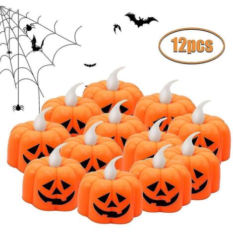 Lot de 12 bougies chauffe-plat citrouille sans flamme, à piles, LED, lanternes orange pour décorations d'Halloween, articles de mariage, lumière chaude (1/5)