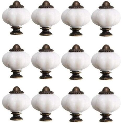 Lot de 12 boutons de porte de meuble vintage de 30 mm en céramique blanche, avec 12 vis. (1/4)
