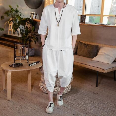 Costume d'été léger en lin pour homme, coupe ample, style chinois, grande taille, coton et lin, 2 pièces / Pantalon à manches courtes, ensemble 2 pièces Sci886-4XL-Blanc (1/5)