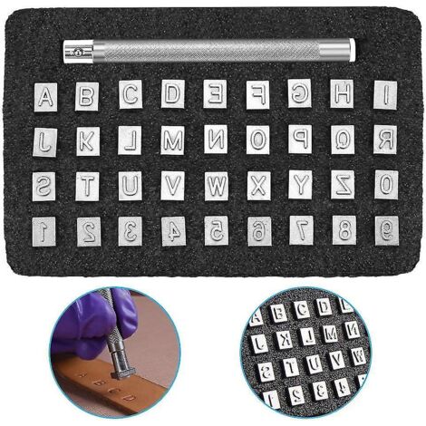 36 outils de marquage du cuir en métal, en acier argenté, pour les lettres A à Z et les chiffres 0 à 9, avec poignée d'impression. (1/5)