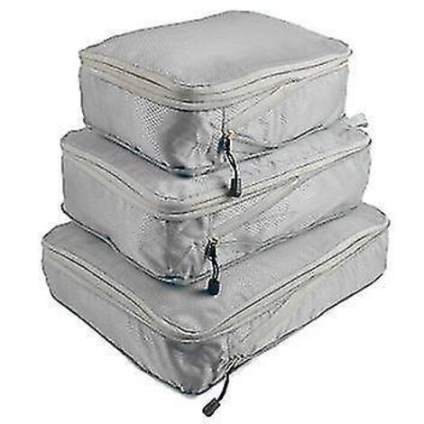 Lot de 3 cubes de rangement compressibles pour voyage, pliables et imperméables, en nylon gris. Idéal pour ranger vos bagages et valises. (1/3)