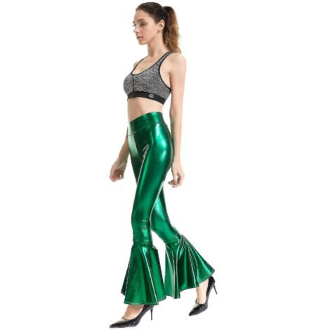 Pantalon évasé pour femme, pantalon sirène à jambes larges, pantalon hippie métallisé Xinmu-L-Vert (1/3)