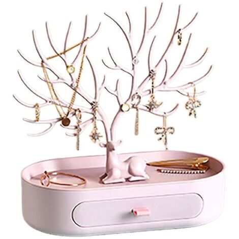 Boîte à bijoux, présentoir à bijoux, porte-colliers, étagère pour femmes, plateau multifonction, support pour arbre en bois de cerf, tiroir, rose pour filles (1/5)