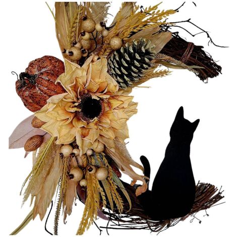 Couronne de chat lunaire pour Halloween, décorations de porte, brindilles, chatons, fleurs artificielles, couronne en forme de chat lunaire - A11 (1/5)