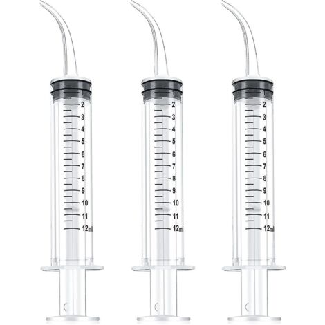 Seringue dentaire 12 ml, seringue d'irrigation dentaire jetable graduée, seringue d'irrigation buccale à embout courbé pour le nettoyage et les soins dentaires (3 pièces) (1/5)