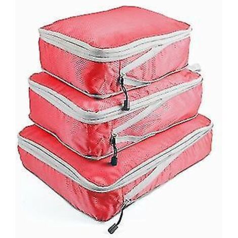 Lot de 3 cubes de rangement compressibles pour voyage, pliables et imperméables, en nylon rouge. (1/3)
