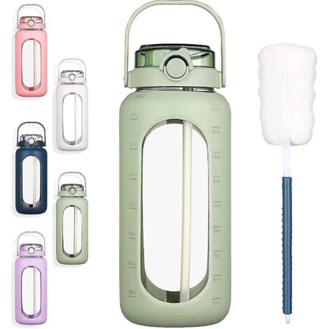 Bouteille d'eau en verre Bluego de 1,9 L (64 oz) avec paille et indicateur de temps, grande bouteille d'eau motivante de 2 L (0,5 gallon) avec housse en silicone, grande carafe d'eau en verre de 2 L (1/5)