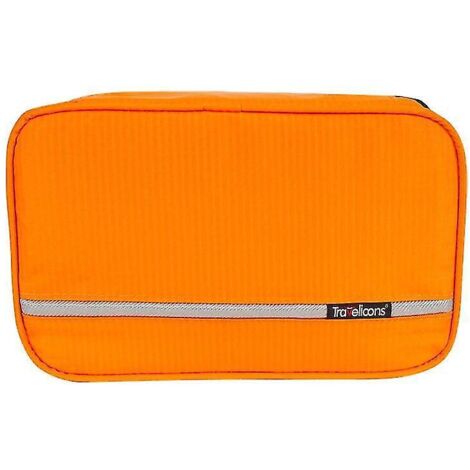 Trousse de toilette suspendue pour voyage, idéale pour ranger vos produits de toilette, cosmétiques et maquillage. Crochet de suspension robuste. Pochette de douche - noir et orange. (1/4)