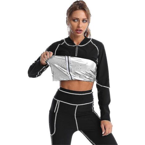Ensemble de sudation amincissant pour femme, comprenant un haut brûleur de graisse, un legging thermo-gainant, une veste sculptante - XL - Noir et argent (1/5)