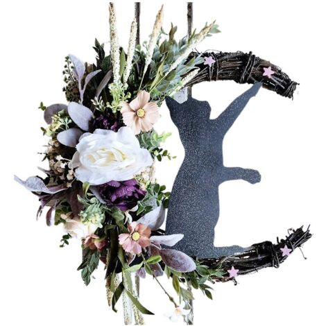 Couronne de chat lunaire pour Halloween, décorations de porte, brindilles, chatons, fleurs artificielles, couronne en forme de chat lunaire - A7 (1/5)