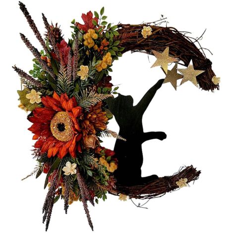 Couronne de chat lunaire pour Halloween, décorations de porte, brindilles, chatons, fleurs artificielles, couronne en forme de chat lunaire - A5 (1/5)