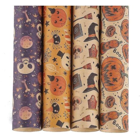 4 feuilles de papier cadeau Halloween, papier kraft brun Halloween pour emballage cadeau vintage, parfait pour Halloween et le Jour des Morts (4 (1/5)