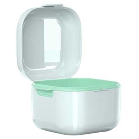 Boîte de rangement pour prothèses dentaires avec passoire, contenant de rangement et de nettoyage pour fausses dents, turquoise et blanc (1/5)