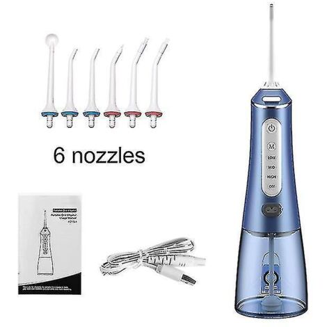 Hydropulseur buccal rechargeable USB, portable, avec réservoir d'eau de 300 ml, étanche IPX7, jet d'eau pour les dents et 6 embouts buccaux. (1/5)