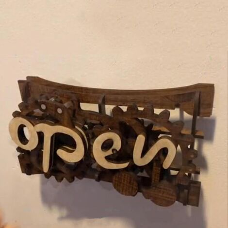 Panneau révolutionnaire « Ouvert/Fermé », mécanisme d'engrenage en bois convertible, Haguruma Art Crafts, marron (1/4)
