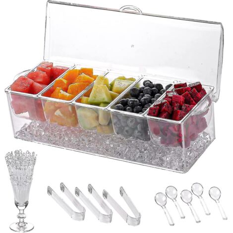 Présentoir à condiments réfrigérés  Bar à condiments transparent et glacé  Plateau à condiments réfrigérés avec couvercle et 5 compartiments amovibles (1/3)