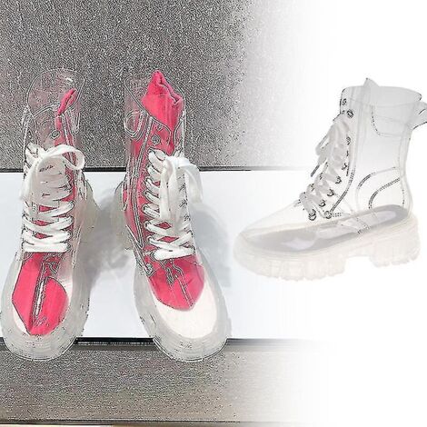 Bottes imperméables transparentes à plateforme pour femmes, chaussures de pluie transparentes à lacets - Pointure 37 - Rose (1/5)