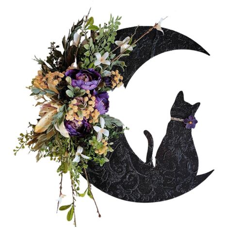 Couronne de chat lunaire pour Halloween, décorations de porte, brindilles, chatons, fleurs artificielles, couronne en forme de chat lunaire - A1 (1/5)