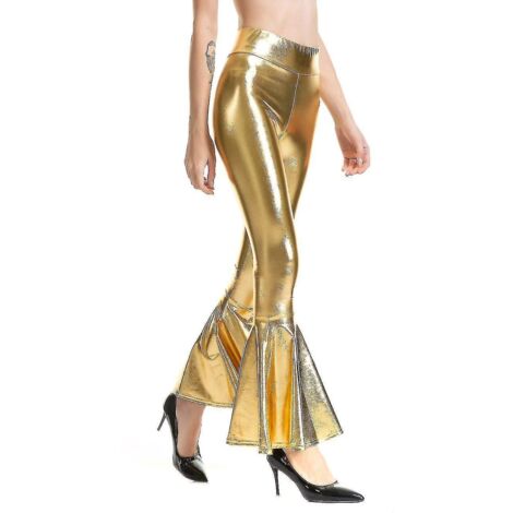 Pantalon évasé pour femme, pantalon sirène à jambes larges, pantalon hippie métallisé Xinmu-L-Gold (1/4)