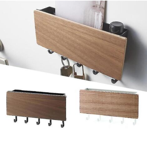 Porte-clés mural avec crochets, support de rangement pour clés de porte, étagère de rangement en bois pour divers objets, porte-clés suspendu noir (1/3)