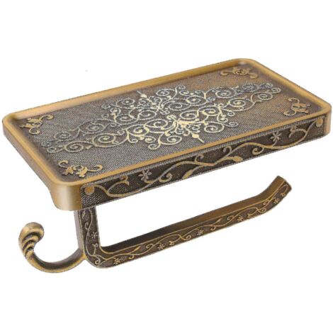 Porte-papier toilette mural avec étagère pour téléphone, distributeur de papier toilette en aluminium antirouille (laiton antique), doré (1/4)