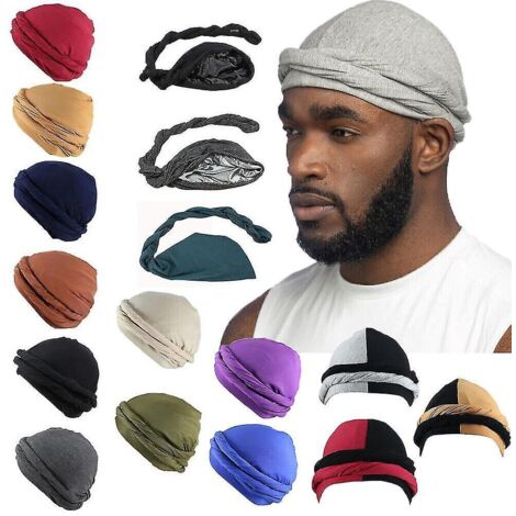 Durag Turban 2023 pour homme, en satin, coupe ondulée, unisexe, élastique, élégant, disponible en 9 couleurs, dont bleu foncé. (1/5)