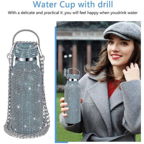 Bouteille isotherme Bling Diamond, gourde portable à paillettes et strass, bandoulière en acier inoxydable, 350 ml, verte (1/4)