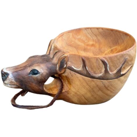 Mug en bois en forme d'animal, tasse de camping portable sculptée à la main avec motif de cerf (1/5)