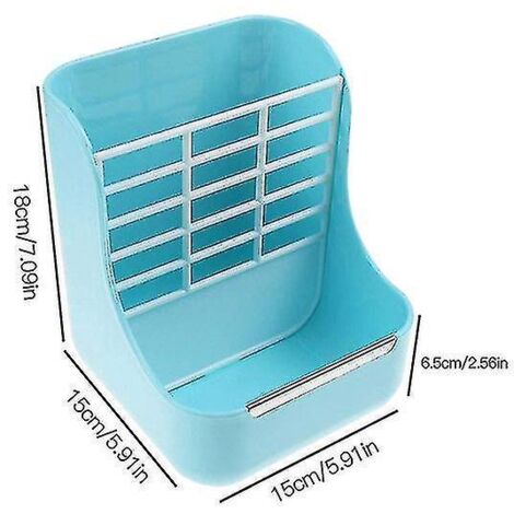 Mangeoire en plastique pour petits animaux avec support à herbe, amovible et 2 en 1, avec support à herbe et mangeoire fixe bleue. (1/5)