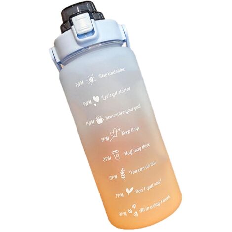 Gourde de sport de 2 litres (70 oz) avec indicateur de temps et bouchon à clapet. Bleu et orange. (1/4)