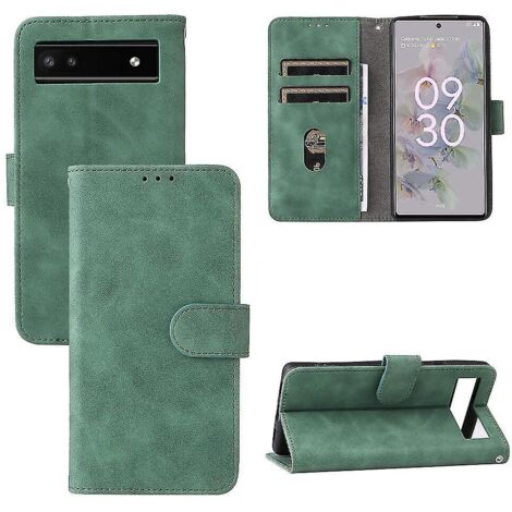 Étui pour Google Pixel 6a en cuir premium avec porte-cartes, fermeture magnétique et rabat - Noir/Vert (1/4)