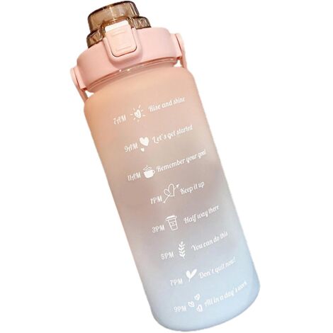 Gourde de sport de 2 litres (70 oz) avec indicateur de temps et bouchon à clapet, rose et bleue. (1/4)
