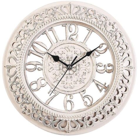 Horloge murale ronde blanche en plastique, silencieuse (30,5 x 30,5 cm), fonctionne à piles, idéale pour le salon, la chambre, la cuisine, la terrasse ou le jardin. Style européen. (1/5)