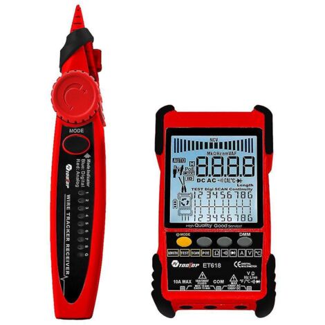 Testeur de câbles portable ET618 avec écran LCD, recherche analogique et numérique, test PoE, appariement de câbles, sensibilité réglable, longueur de câble réseau ajustable (1/5)