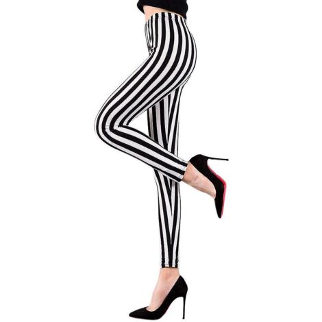 Leggings extensibles taille mi-haute longueur cheville pour femme, à rayures verticales noires et blanches (1/5)