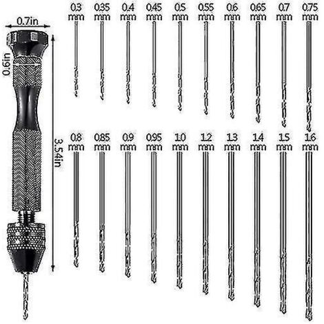 Ensemble de 21 pièces pour étau à broches comprenant un étau à broches pour perceuse manuelle et 20 mini forets hélicoïdaux (0,3-1,6 mm) (1/5)