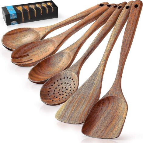 Ustensiles de cuisine en bois de qualité supérieure - Ensemble de 6 pièces - Cuillères en bois de teck à finition lisse, antiadhésives et confortables à utiliser. (1/5)