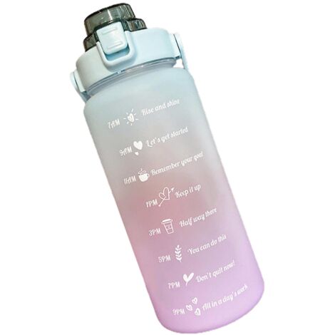 Gourde de sport de 2 litres (70 oz) avec indicateur de temps et bouchon à clapet, bleu et violet. (1/4)