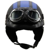 Casque de moto d'été léger en cuir style rétro Harley, avec lunettes de protection, demi-casque tendance, pour véhicules électriques, noir et bleu.