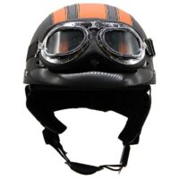 Casque de moto d'été léger en cuir style rétro Harley, avec lunettes de protection, demi-casque tendance, pour véhicules électriques, noir et orange.