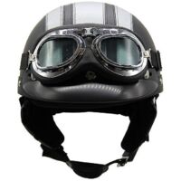Casque de moto d'été léger en cuir style rétro Harley, avec lunettes de sécurité, demi-casque tendance, pour véhicules électriques, noir et argent.
