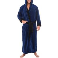 Peignoir long en polaire pour homme, à capuche, idéal pour la nuit - Taille 2XL - Bleu foncé et noir